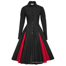 Belle Poque Retro Vintage Victorian Style Long Sleeve Shirt Collar Contrast Color Black Swing Dress BP000366-1